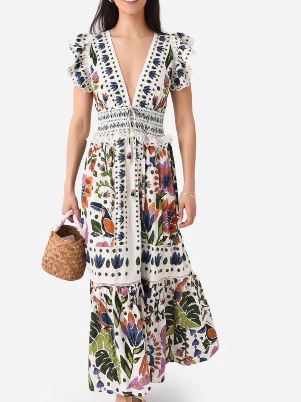 Farm Rio Summer Garden Maxi Dress Floral Tropical Smocked Waist Boho